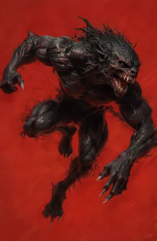 Dark muscular anthropomorphic creature with elongated limbs and sharp claws mid-leap, snarling with sharp teeth against a solid red background.