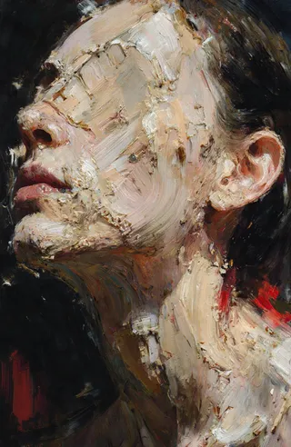 Abstract close-up painting of a woman's head and neck with thick textured brushstrokes in pale beige and white, set against a dark background with red accents.