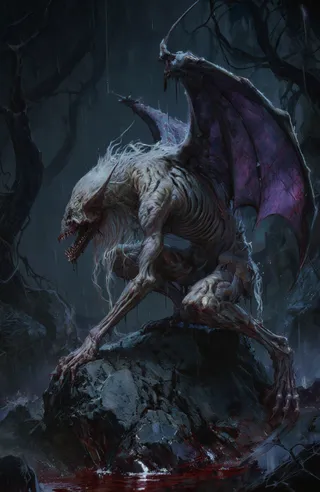 A grotesque humanoid demon with skeletal pale skin, long white hair, and large bat-like wings with purple membranes crouches on a rocky outcrop in a dark, misty forest. Rain falls around it, reflecting blood pooling at the base.