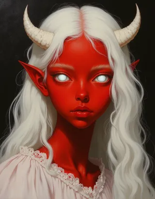 Oil painting of an androgynous teen with vibrant red skin, long white hair, white horns protruding from the forehead, and glowing white eyes, wearing a white dress with lace details.