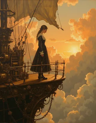 An androgynous teen girl in a black dress stands on the ornate floating brass deck of a steampunk airship, gazing over a romantic sunset sky with clouds.
