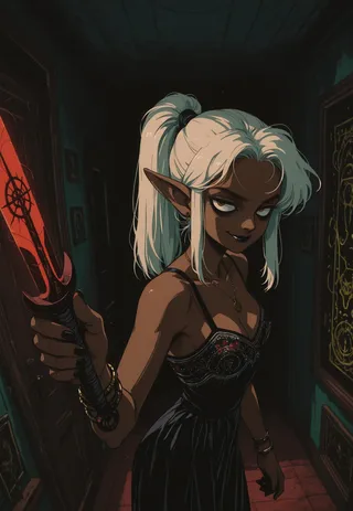 Dark-skinned elf woman with white hair in a ponytail, wearing a vintage cocktail dress with occult embroidery, holding a glowing dagger in a dark art deco basement.