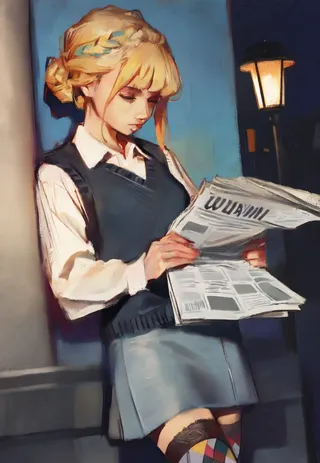 A blonde woman with braided hair buns, wearing a white collared shirt, sweater vest, grey mini skirt, and black argyle thigh highs, leaning against a lamp post while reading a newspaper in an urban setting.