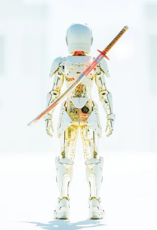 A futuristic samurai robot with a transparent glass-like body revealing glowing mechanical components, standing in a pristine white void while holding a glowing katana on its shoulder.