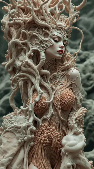 Woman posing in avant-garde fashion covered in intricate biomorphic textures and sculptural abstractions, reminiscent of Giger's dark organic style, in a hyper-detailed surrealistic photoshoot.