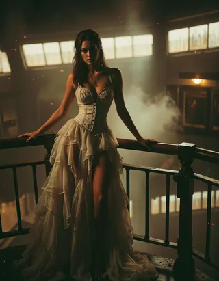 Young woman in a detailed corset dress with layered chiffon skirt, leaning on a railing in a dimly lit, smoky gothic interior with dramatic chiaroscuro lighting.
