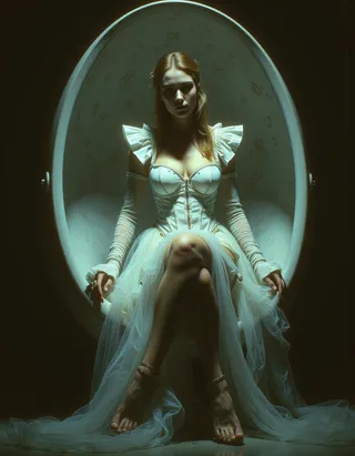 A barefoot woman dressed as Cinderella wearing a structured corset and flowing chiffon skirt, sitting in an illuminated egg chair, styled with baroque and gothic surreal lighting.