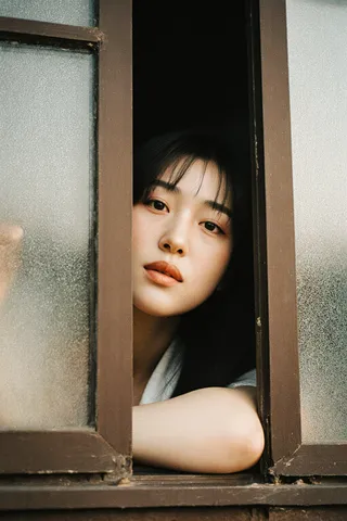 A vintage-style portrait of a woman leaning out of a small Japanese house window, captured with soft focus and film grain effects.