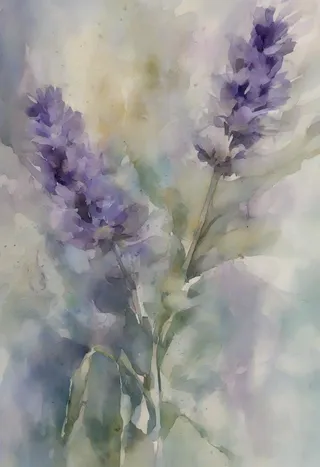 Abstract watercolor painting of lavender flowers with soft, blurred edges and a muted pastel background