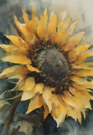A detailed watercolor painting of a sunflower with yellow petals and a dark center, rendered in an abstract artistic style.