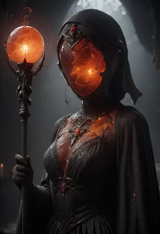 Dark fantasy portrait of a sorceress wearing a black hooded robe with a glowing orange orb as her face, holding an ornate staff topped by a matching glowing orb.