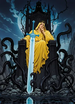 A male figure dressed in yellow robes sits thoughtfully on a black throne surrounded by black tentacles, holding a large blue sword reflecting in the water below, with a dark thorn crown hovering above his head and a stormy night sky in the background.