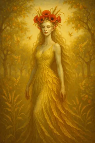 Portrait of the Seelie Queen of the First Harvest, adorned with a red poppy crown and golden gown, surrounded by glowing grain sprites in a warm, golden fae orchard.