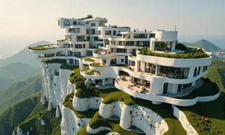 Aerial view of a futuristic white brutalist building complex with tiered terraces and green grass on a hill with white rock cliffs, surrounded by mountains.