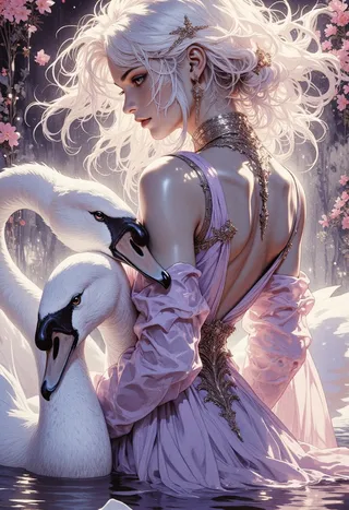A digital painting of an ethereal woman in a lavender gown gently cradling two swans by a misty lake, with soft pastel hues and delicate jewelry.