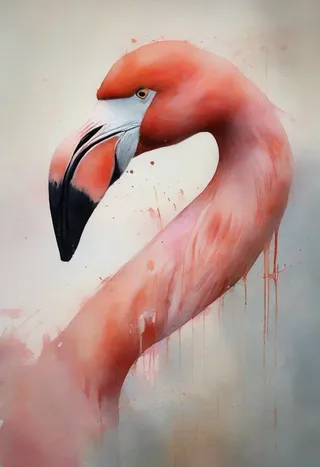 Abstract watercolor painting of a flamingo with vibrant pink and orange hues and subtle dripping effects.