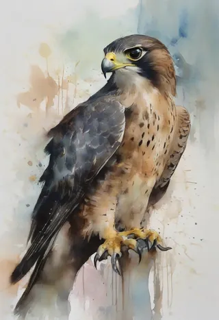 Watercolor painting of a falcon showcasing detailed feathers and sharp claws in an abstract artistic style inspired by Paul Lovering and Antonio J. Manzanedo
