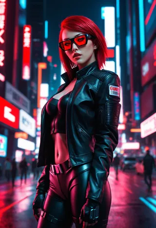 A hyper realistic 3D cyberpunk woman with crimson red hair and red glasses wearing a black leather jacket and futuristic costume on a neon-lit city street at night.