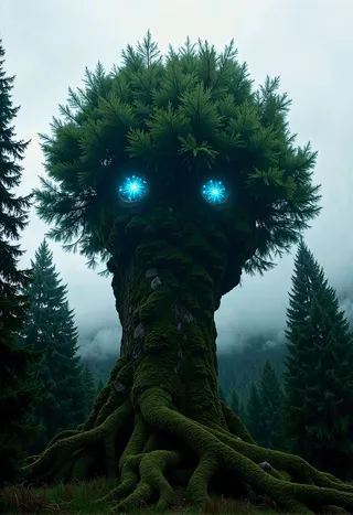 A large moss-covered tree shaped like a pine tree with glowing, vibrant blue eyes, standing in a foggy pine forest with cinematic dramatic lighting.