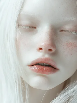 Close-up portrait of an albino girl with smooth white skin, straight white hair, light gray eyes, freckles, and soft pink lips under high-key lighting.