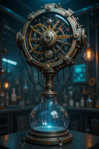 Intricate floating mechanism apparatus made from worn iridescent metal and detailed glass, displayed in a modern science laboratory setting.