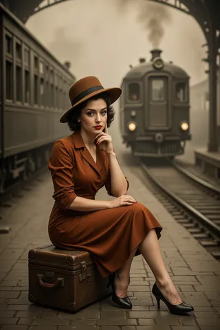 Woman in a rust-colored 1940s dress and wide-brimmed hat sitting on a vintage suitcase at a sepia-toned train station with a steam train approaching.