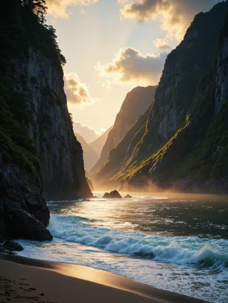 A narrow strip of beach on the left with gentle waves rolling softly onto the shore, steep forest-covered mountains rise sharply on the right under a warm sunset sky with scattered clouds.