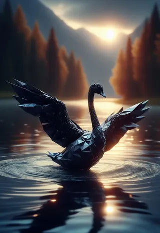 Black swan sculpture resembling origami black diamonds gracefully floating on a lake with cinematic lighting and a blurry forest background at sunset.