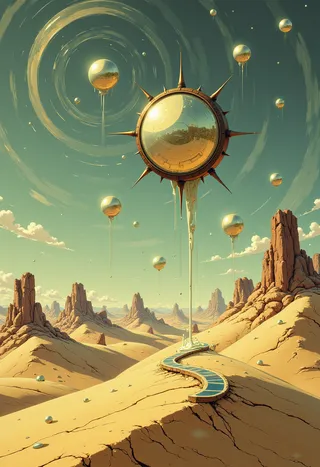 A surreal desert landscape featuring giant floating spheres resembling melting clocks and a winding sundial path, with rocky formations and a dreamy sky.