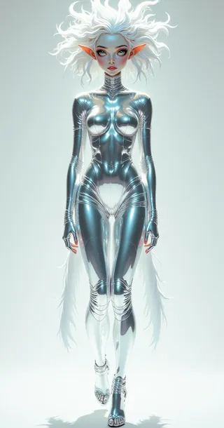 A futuristic mirror sprite with white flowing hair and orange elf ears, wearing a reflective silver gradient suit against a pale chrome background.
