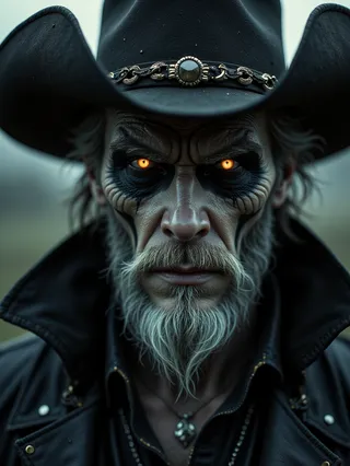 Close-up portrait of a voodoo king cowboy with glowing amber eyes, intricate black face paint, detailed beard, and a black leather coat and hat.