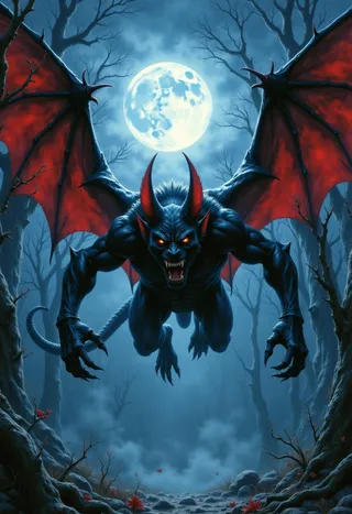 A menacing demonic bat-like creature with large red and black wings, sharp claws, and glowing eyes flying through a foggy, eerie forest under a bright full moon at night.