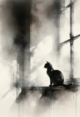 A silhouette of a cat perched on a sunlit window sill, rendered in a dynamic ink sketch style with charcoal and graphite textures and splashes.