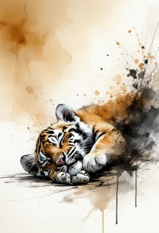 A tiger cub peacefully sleeping, depicted with dynamic black ink splashes and sepia tones, capturing a textured and expressive moment of tranquility.