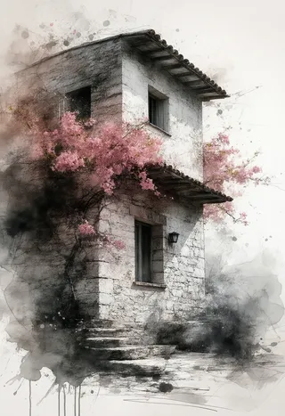 A weathered Greek stone house rendered in a vibrant ink sketch style with flowing ink splashes and blooming pink bougainvillea vines wrapping around the building.