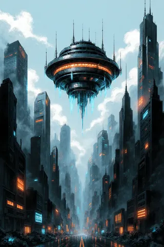 A futuristic cityscape with tall skyscrapers shrouded in fog and glowing orange and blue lights, featuring a large circular floating structure above.