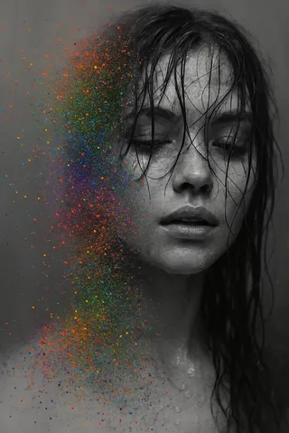 Close-up black and white portrait of a woman with wet strands of hair falling over her face, as her left side disintegrates into vibrant, colorful rainbow particles drifting to the left.