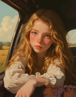 Portrait of young girl resembling Rapunzel with long flowing blond hair and blue eyes leaning out of a car window, sunlight illuminating her face in the style of Rembrandt.