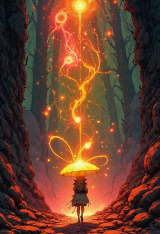 Figure walking through a dark rocky valley holding an umbrella glowing with golden sunlight, emitting swirling fiery light streams against a backdrop of shadowy trees.