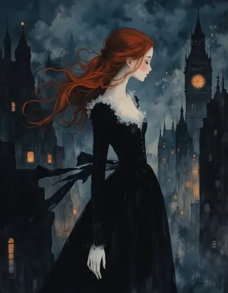 Victorian girl with flowing red hair in a black corseted dress floating over a dark Victorian London backdrop at night, illuminated by warm window lights and clock tower glow.
