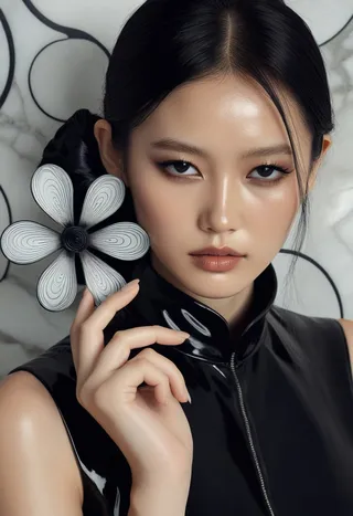 Stylowa koreańska kobieta w eleganckim czarnym ubraniu trzymająca minimalistyczny kwiat 2D z abstrakcyjnymi liniami, na tle białego marmuru.