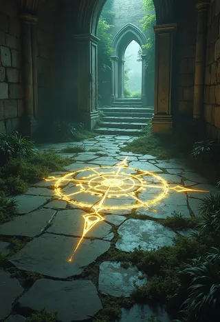 Ruined gothic chapel interior with moody ambient lighting, overgrown stone floor featuring a glowing arcane glyph in ash, framed by tall stone arches and green foliage.