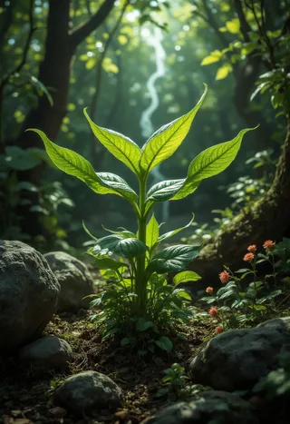 A vibrant magical plant with detailed green leaves illuminated by sunlight in a forest setting with rocks and blooming flowers around.