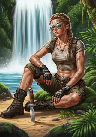 A strong female adventurer with a braided ponytail and aviator sunglasses, covered in mud and sweat, sitting by a tropical waterfall with a combat knife embedded in the sand.