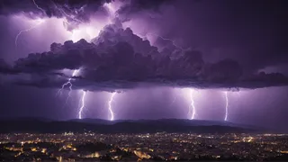 Nighttime cityscape lit by bright lightning bolts striking through vivid purple thunderclouds during a dramatic storm.