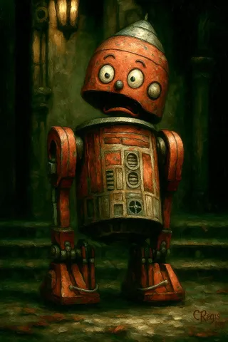 A vintage-style robot with wide, comical eyes and open mouth standing in a dimly lit clockwork cathedral, rendered in oil painting style with warm amber lantern light and detailed metal textures.