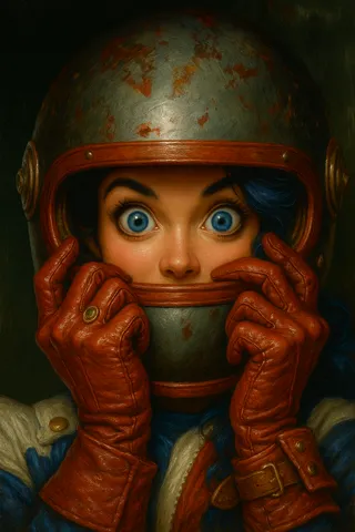 Close-up portrait of a wide-eyed woman wearing a worn vintage racing helmet rimmed in aged leather, holding the visor with crimson gloves, in an oil-painting style with dramatic light and textured brushstrokes.