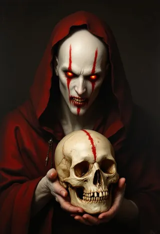 A pale bald man with red glowing eyes and red face paint wearing a dark red hooded cape, holding a human skull marked with a red stripe.