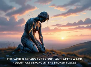 A broken statue of a kneeling woman on a windswept hill at sunset, with cracks glowing softly in golden light and a pastel sky with clouds.