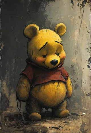 Winnie the Pooh depicted in a grunge style with moody, dark atmospheric tones, heavy textured brushstrokes, and a melancholic color palette conveying emotional depth.
